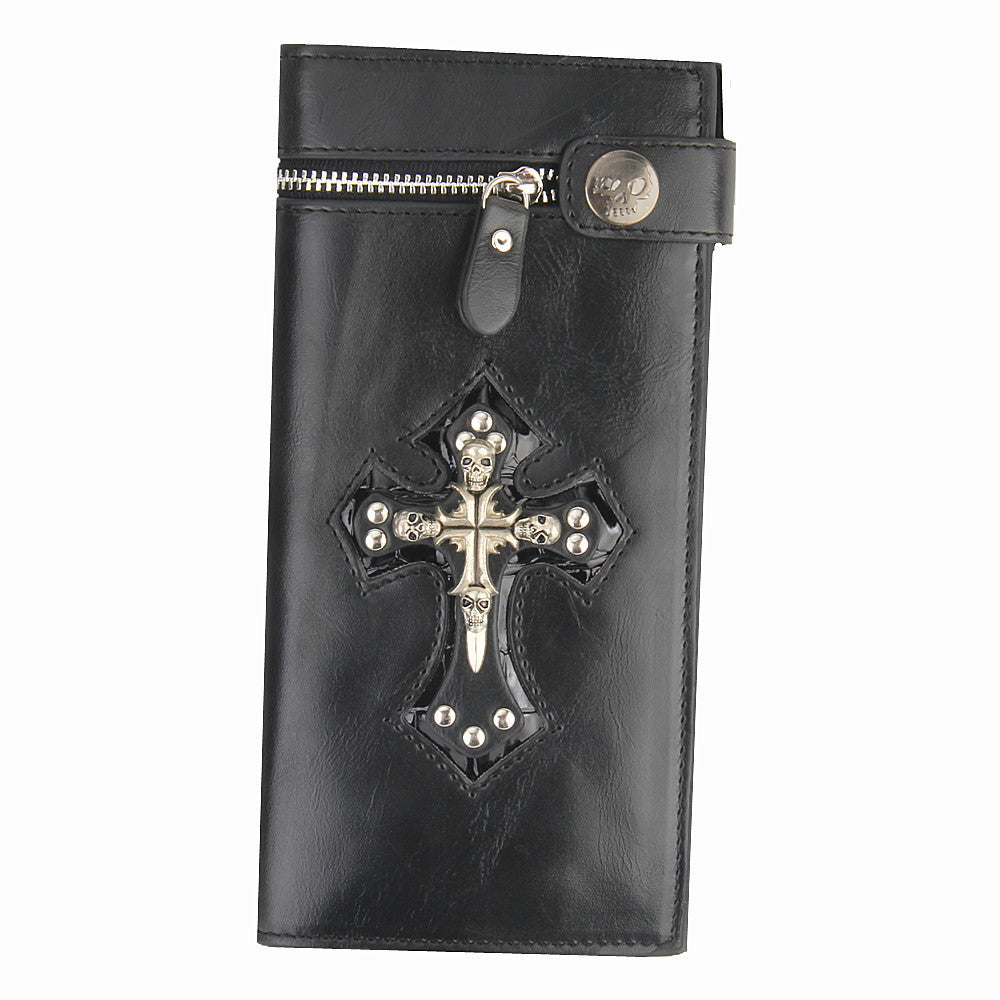 Skull Cross Black Leather Wallet With Chain – Skull Quest