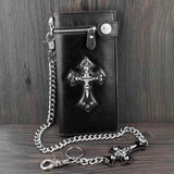 skull cross black leather wallet front view