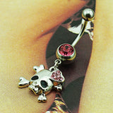 skull belly button ring with pink rhinestone