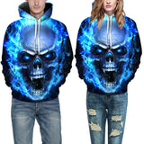 Luminous Blue Skull Hoodie front on man and woman